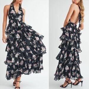 NWT Mable Karina Tiered Halter neck Floral Maxi Sz L Formal Feminine Open Back